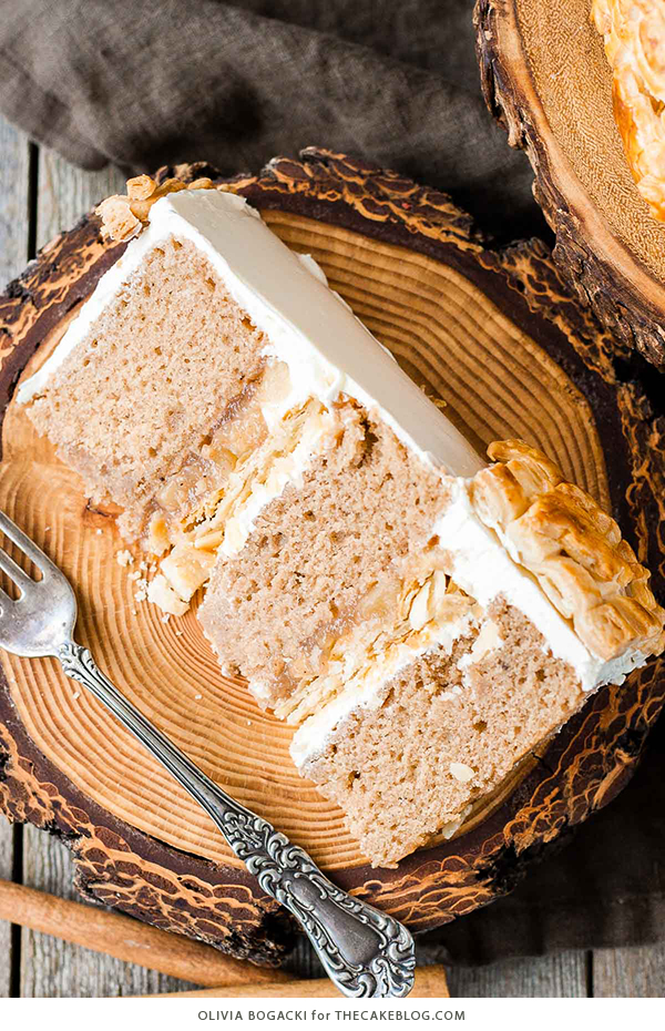 Apple Pie Cake! A layer cake recipe with hints of cinnamon and nutmeg, fresh apple pie filling, buttercream frosting and braided pie crust lattice | by Olivia Bogacki for TheCakeBlog.com