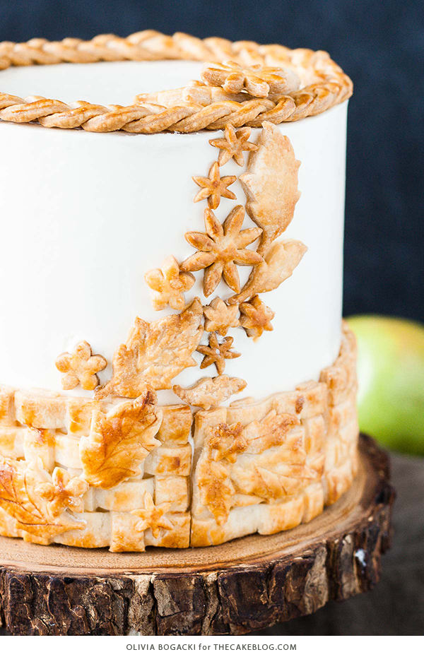 Apple Pie Cake! A layer cake recipe with hints of cinnamon and nutmeg, fresh apple pie filling, buttercream frosting and braided pie crust lattice | by Olivia Bogacki for TheCakeBlog.com