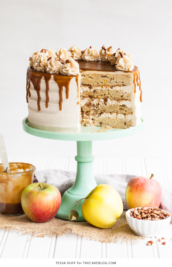 Apple Toffee Crunch Cake - fresh apple cake with crunchy pecans, cinnamon buttercream and a toffee sauce drip | by Tessa Huff for TheCakeBlog.com