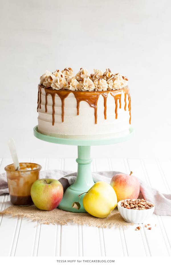 Apple Toffee Crunch Cake - fresh apple cake with crunchy pecans, cinnamon buttercream and a toffee sauce drip | by Tessa Huff for TheCakeBlog.com