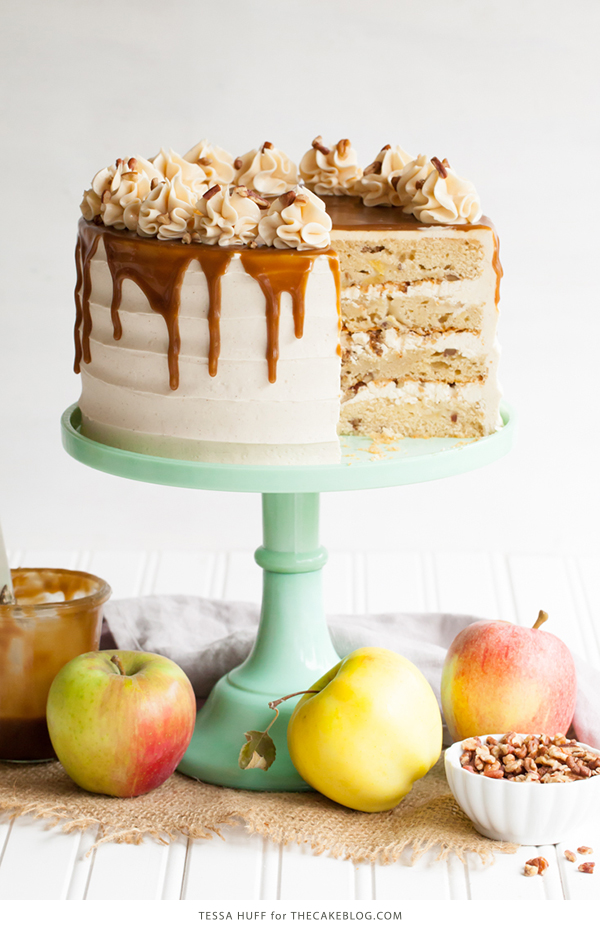 Apple Toffee Crunch Cake - fresh apple cake with crunchy pecans, cinnamon buttercream and a toffee sauce drip | by Tessa Huff for TheCakeBlog.com