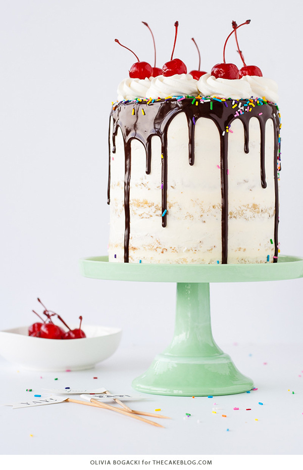 Banana Split Cake, a layer cake recipe inspired by the ice cream dessert | by Olivia Bogacki for TheCakeBlog.com