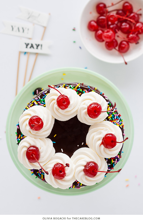 Banana Split Cake, a layer cake recipe inspired by the ice cream dessert | by Olivia Bogacki for TheCakeBlog.com