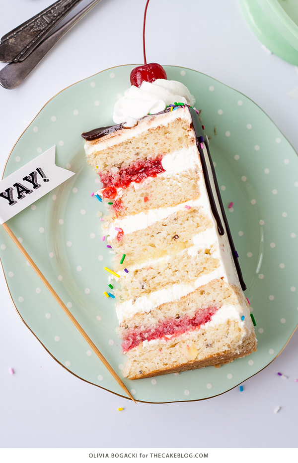 Banana Split Cake, a layer cake recipe inspired by the ice cream dessert | by Olivia Bogacki for TheCakeBlog.com