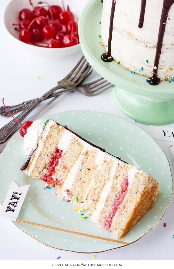 Banana Split Cake, a layer cake recipe inspired by the ice cream dessert | by Olivia Bogacki for TheCakeBlog.com