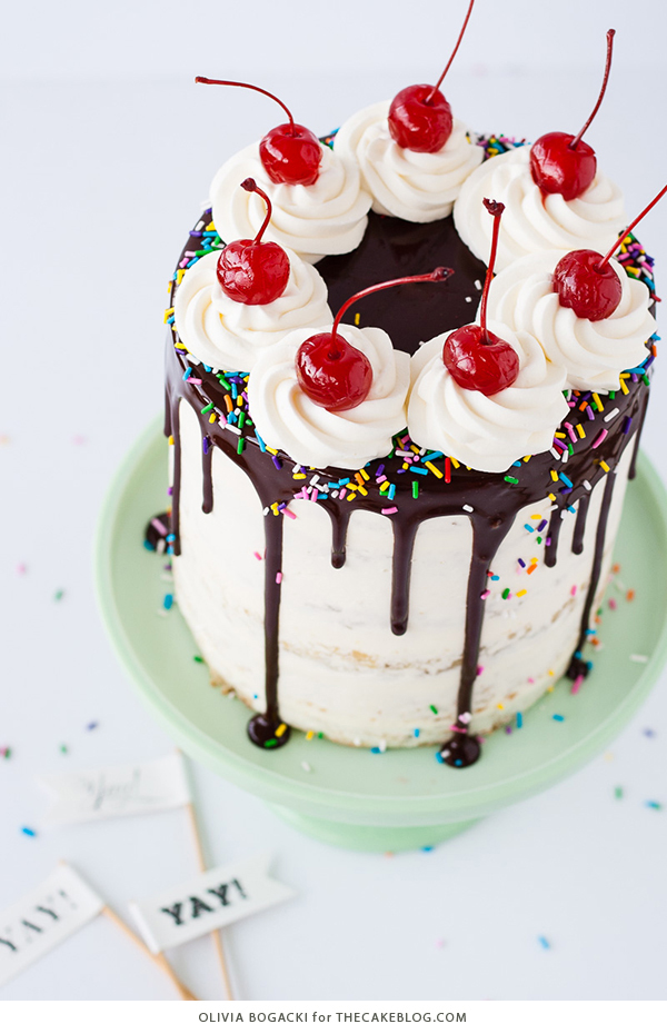 Banana Split Cake, a layer cake recipe inspired by the ice cream dessert | by Olivia Bogacki for TheCakeBlog.com