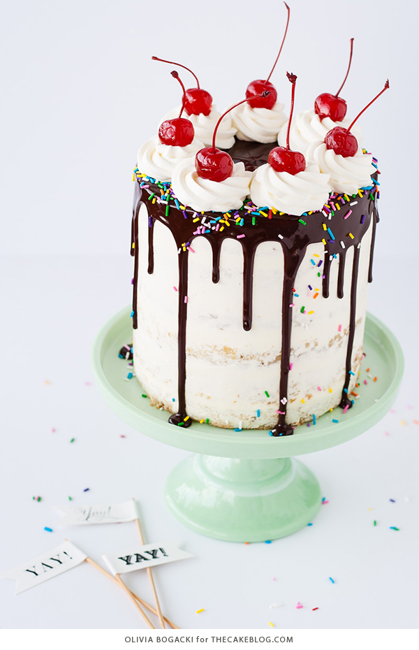 Banana Split Cake, a layer cake recipe inspired by the ice cream dessert | by Olivia Bogacki for TheCakeBlog.com