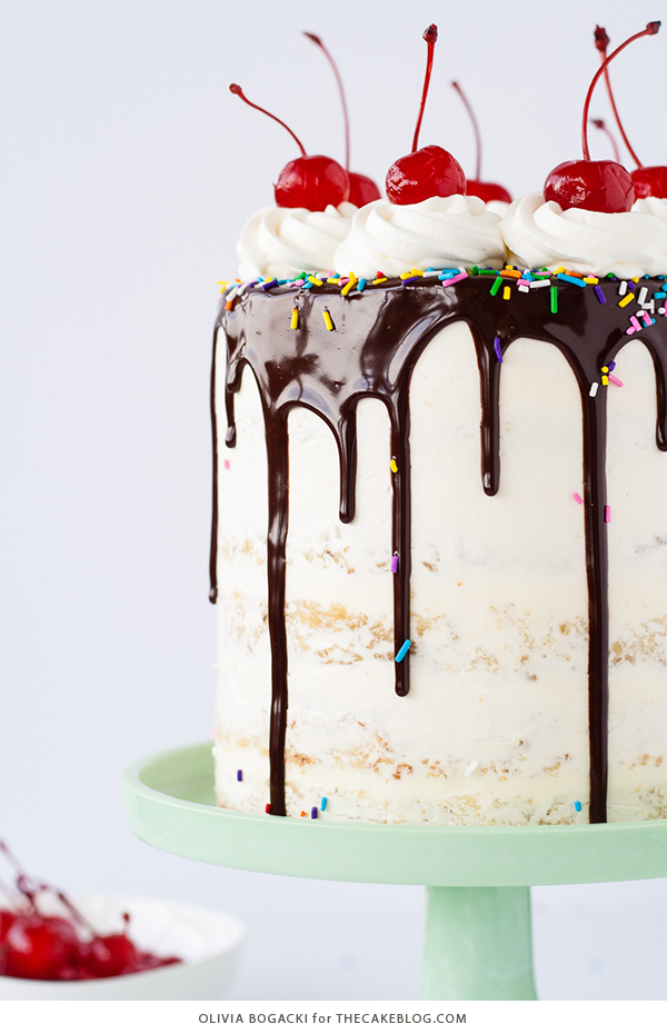 Banana Split Cake, a layer cake recipe inspired by the ice cream dessert | by Olivia Bogacki for TheCakeBlog.com