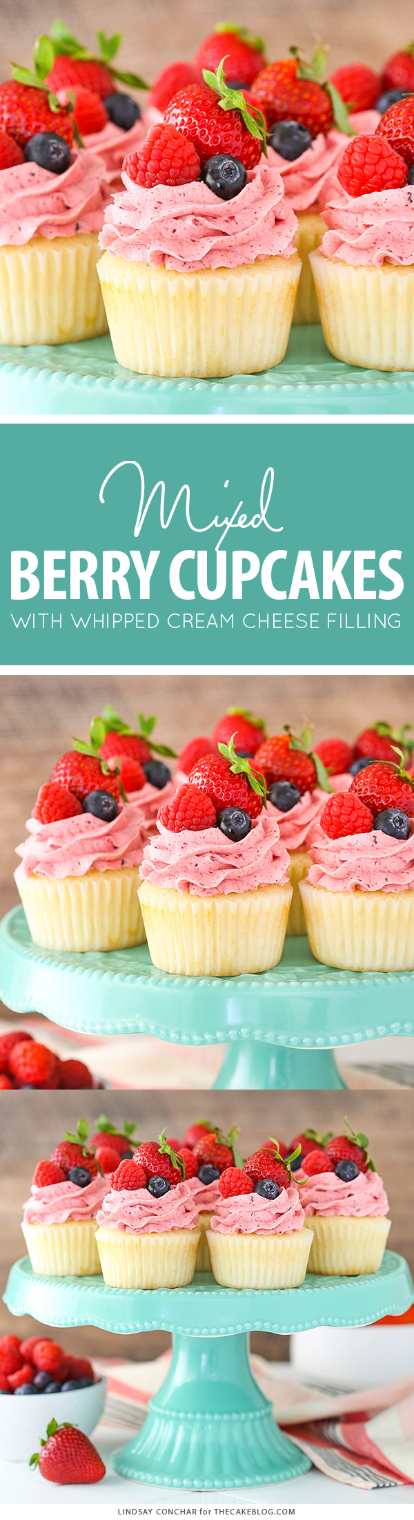 Berries and Cream Cupcakes - mixed berry buttercream paired with a moist vanilla cupcake stuffed with whipped cream cheese filling, topped with fresh strawberries, raspberries and blueberries | by Lindsay Conchar for TheCakeBlog.com