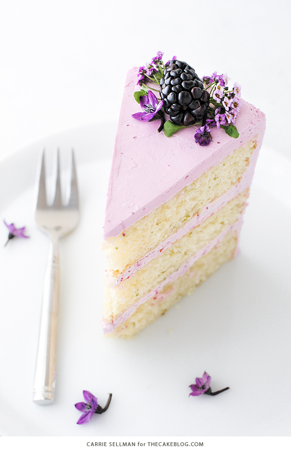 Blackberry Lime Cake - tender cake infused with lime zest, frosted with blackberry buttercream, topped with fresh blackberries and edible flowers | by Carrie Sellman for TheCakeBlog.com