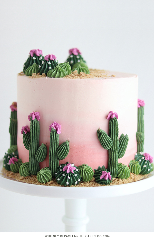 Cactus Cake - how to make a cactus themed cake with ombrè buttercream, edible sand and piped buttercream cacti | by Whitney DePaoli for TheCakeBlog.com