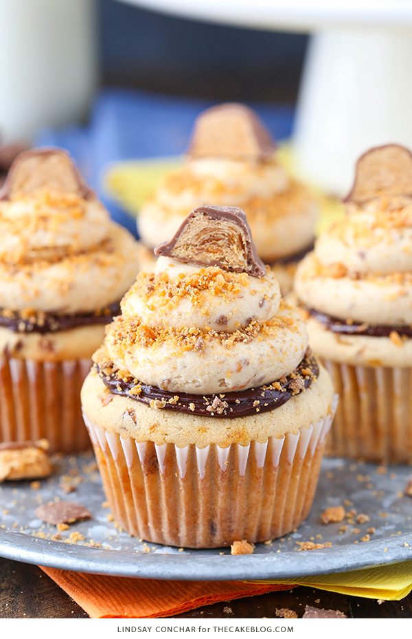 Butterfinger Cupcakes - the ultimate Butterfinger cupcake recipe | Lindsay Conchar for TheCakeBlog.com