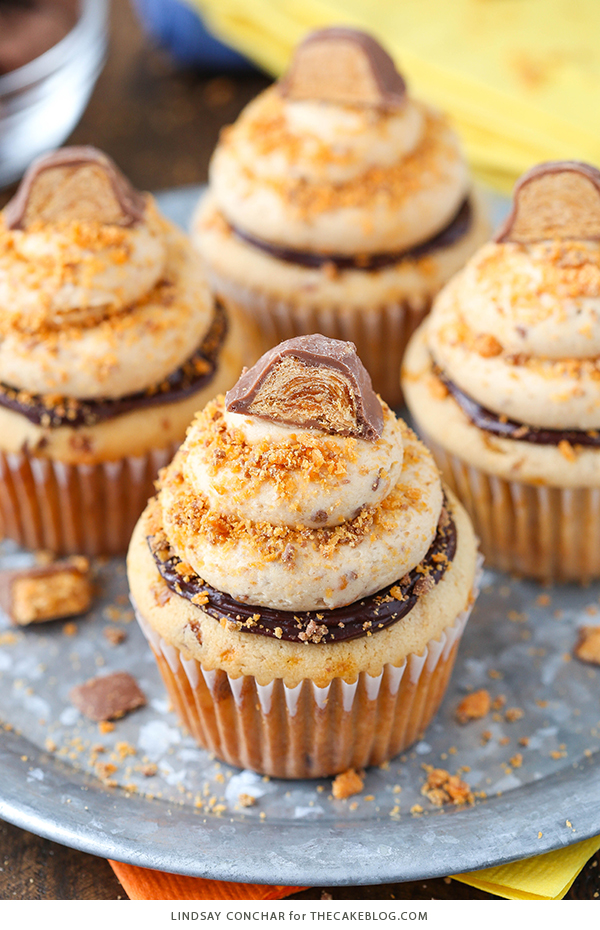 Butterfinger Cupcakes - the ultimate Butterfinger cupcake recipe | Lindsay Conchar for TheCakeBlog.com
