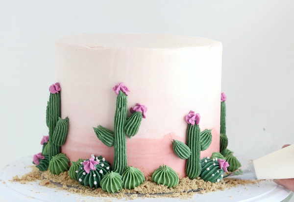 Cactus Cake - how to make a cactus themed cake with ombrè buttercream, edible sand and piped buttercream cacti | by Whitney DePaoli for TheCakeBlog.com