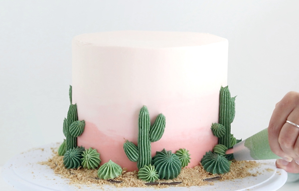 Cactus Cake - how to make a cactus themed cake with ombrè buttercream, edible sand and piped buttercream cacti | by Whitney DePaoli for TheCakeBlog.com