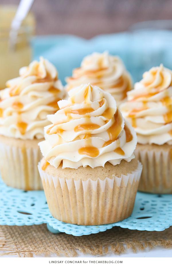 Caramel Bourbon Vanilla Cupcakes - a brown sugar bourbon cupcake topped with caramel vanilla frosting for a unique combination that is full of flavor!