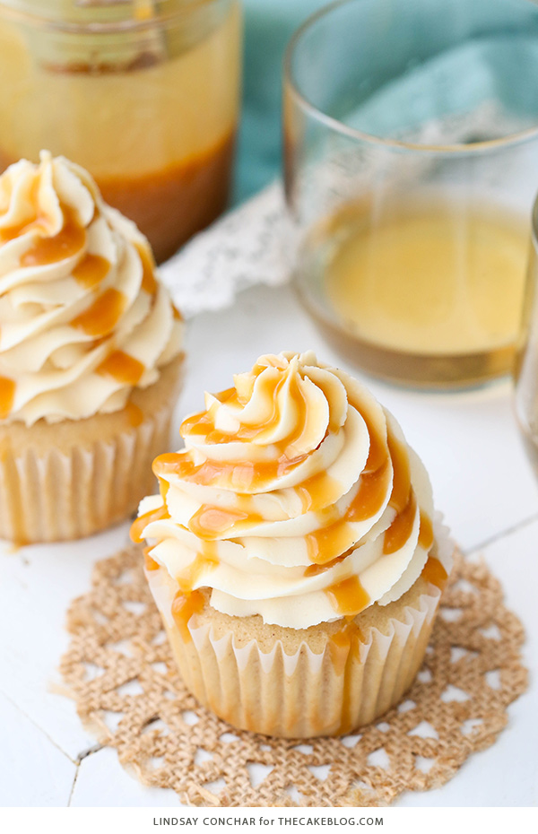 Caramel Bourbon Vanilla Cupcakes - a brown sugar bourbon cupcake topped with caramel vanilla frosting for a unique combination that is full of flavor!
