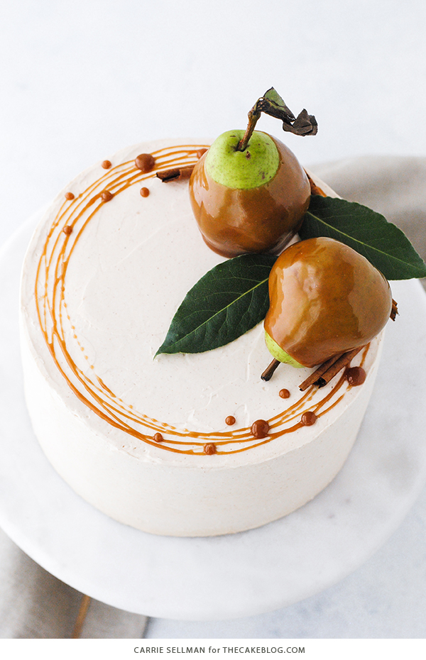 Salted Caramel Pear Cake - fresh pear cake with cinnamon buttercream, salted caramel and homemade caramel dipped pears | Carrie Sellman for TheCakeBlog.com