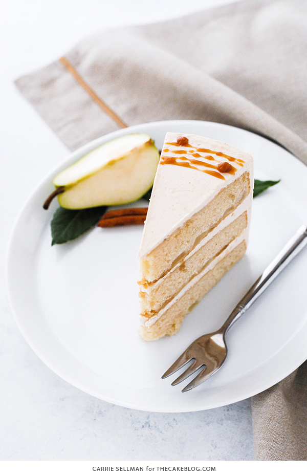 Salted Caramel Pear Cake - fresh pear cake with cinnamon buttercream, salted caramel and homemade caramel dipped pears | Carrie Sellman for TheCakeBlog.com