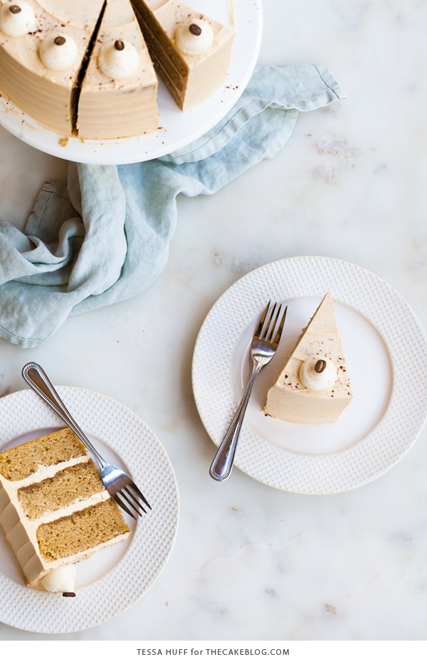 Caramel Cappuccino Cake - espresso cake paired with caramel buttercream frosting, topped with whole coffee beans and a sprinkle of cocoa powder | by Tessa Huff for TheCakeBlog.com