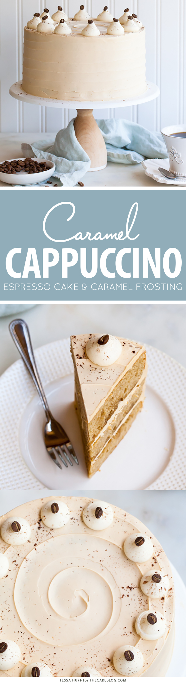 Caramel Cappuccino Cake - espresso cake paired with caramel buttercream frosting, topped with whole coffee beans and a sprinkle of cocoa powder | by Tessa Huff for TheCakeBlog.com