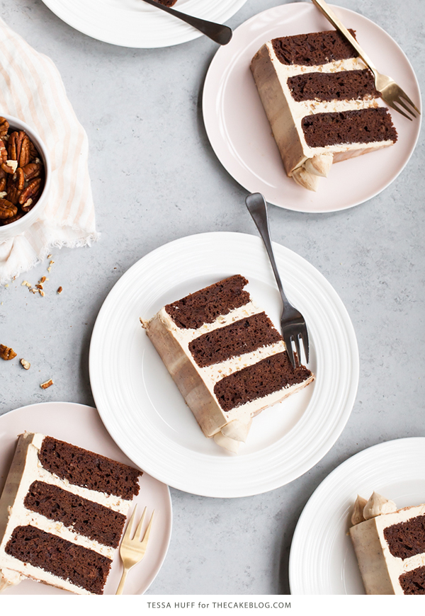 Chocolate Bourbon Pecan Cake | by Tessa Huff for TheCakeBlog.com
