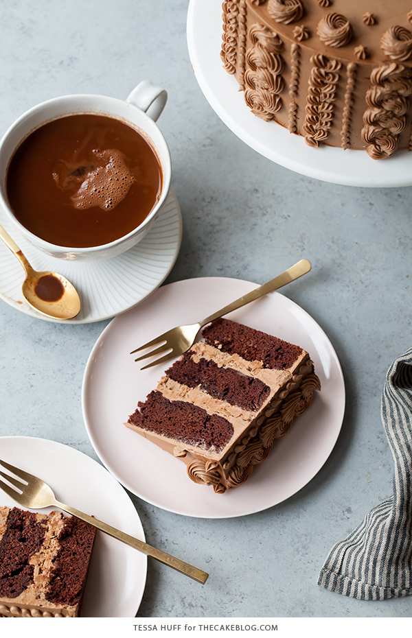 Chocolate Toffee Crunch Cake - fudgy chocolate cake lightly spiced with cinnamon paired with crunchy toffee bits and silky smooth chocolate buttercream frosting | by Tessa Huff for TheCakeBlog.com