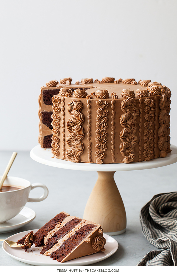 Chocolate Toffee Crunch Cake - fudge chocolate cake lightly spiced with cinnamon paired with crunchy toffee bits and silky smooth chocolate buttercream frosting | by Tessa Huff for TheCakeBlog.com