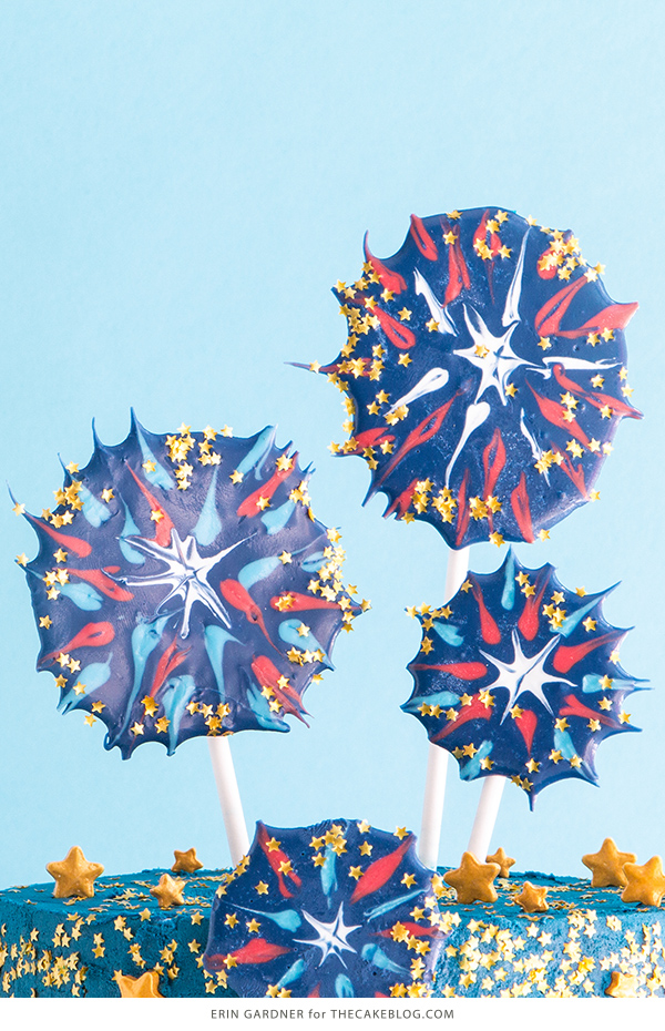 Chocolate Fireworks Cake - how to make red, white and blue fireworks out of chocolate | by Erin Gardner for TheCakeBlog.com