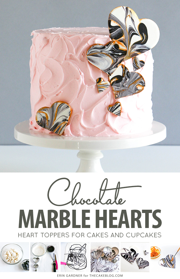 Marble Chocolate Hearts - how to make marbled heart toppers for cakes and cupcakes using chocolate coating and cookie cutters | by Erin Gardner for TheCakeBlog.com