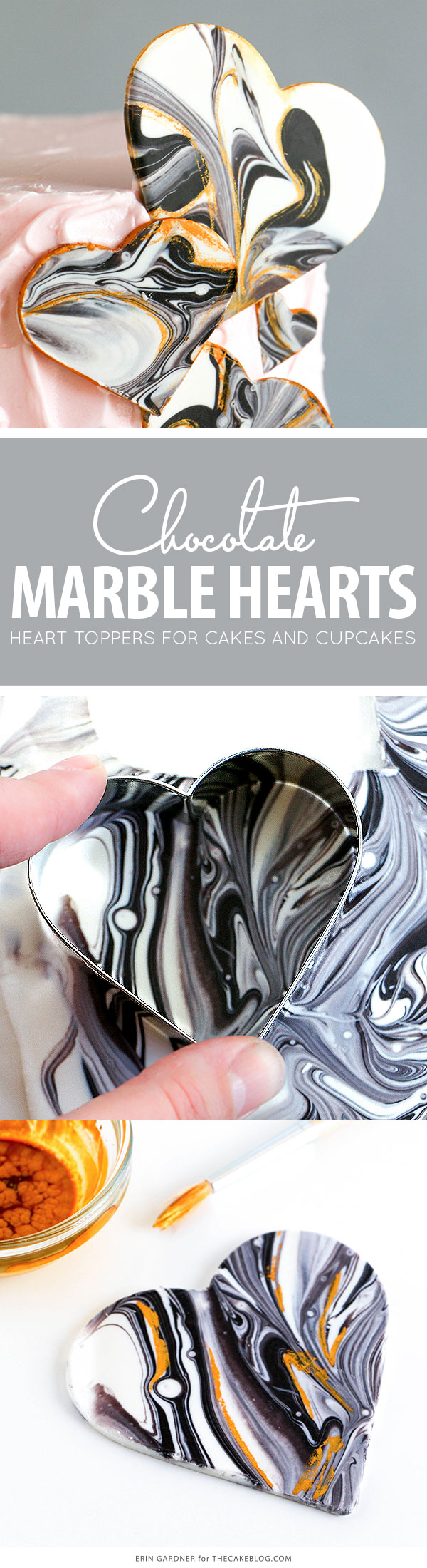 Marble Chocolate Hearts - how to make marbled heart toppers for cakes and cupcakes using chocolate coating and cookie cutters | by Erin Gardner for TheCakeBlog.com