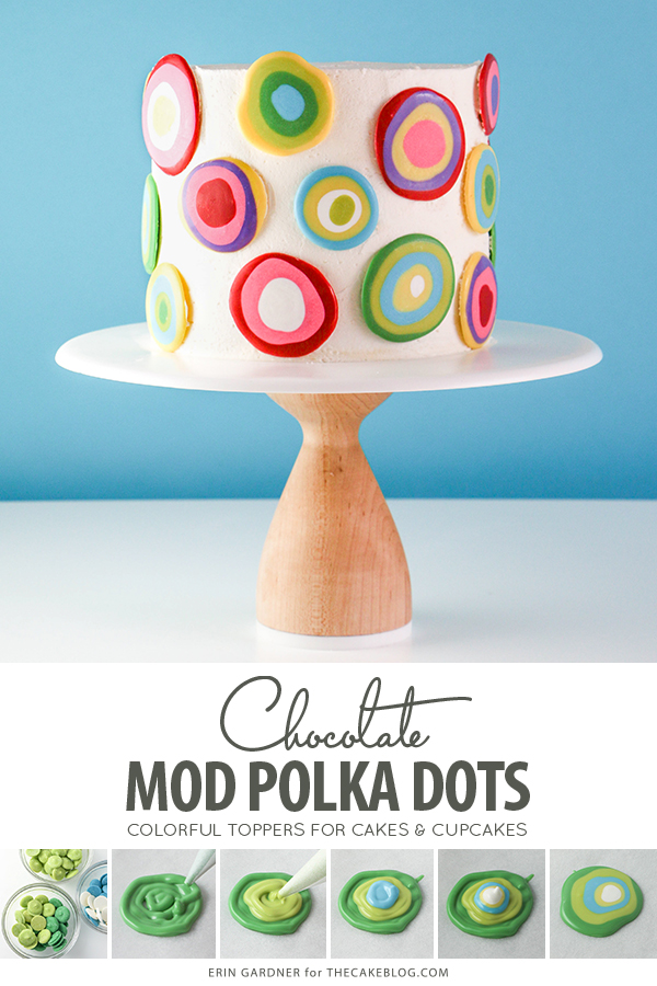 Mod Polka Dot Cake - how to make colorful polka dot toppers for cakes and cupcakes using chocolate coating | Erin Gardner for TheCakeBlog.com