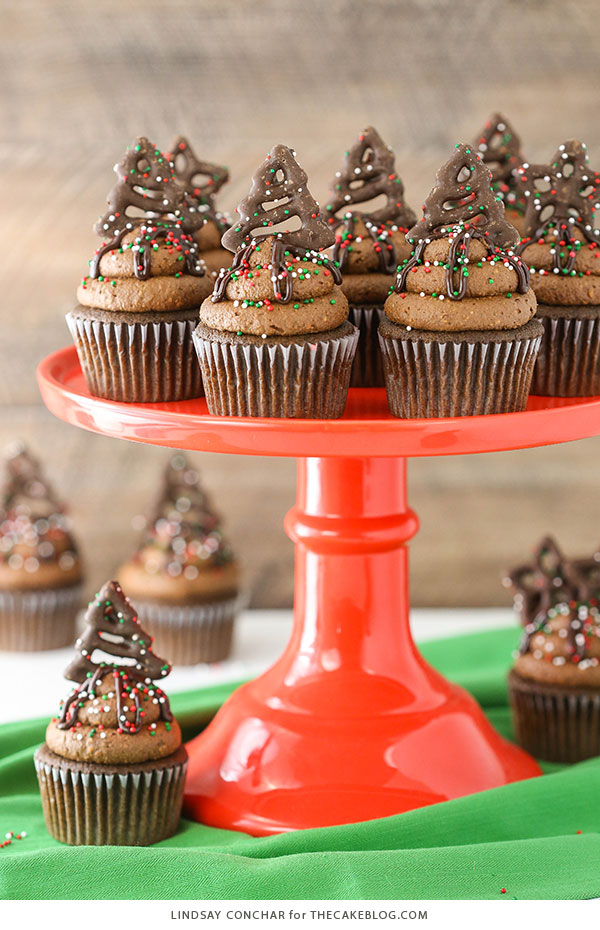 Chocolate Pretzel Cupcakes - salty sweet holiday cupcake | Lindsay Conchar for TheCakeBlog.com