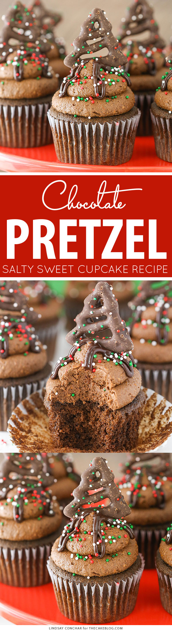 Chocolate Pretzel Cupcakes - salty sweet holiday cupcake | Lindsay Conchar for TheCakeBlog.com