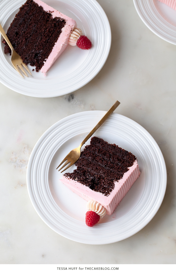 Chocolate Raspberry Cake - moist chocolate cake layered with raspberry jam, topped with raspberry cheesecake frosting and fresh red raspberries | by Tessa Huff for TheCakeBlog.com