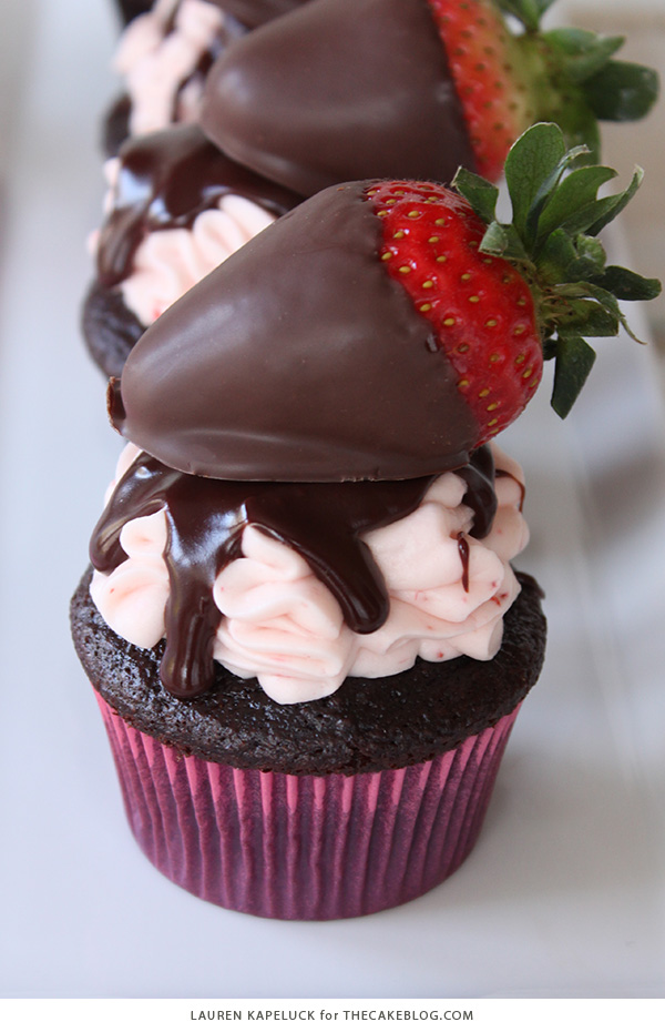 Chocolate Covered Strawberry Cupcakes | by Lauren Kapeluck for TheCakeBlog.com