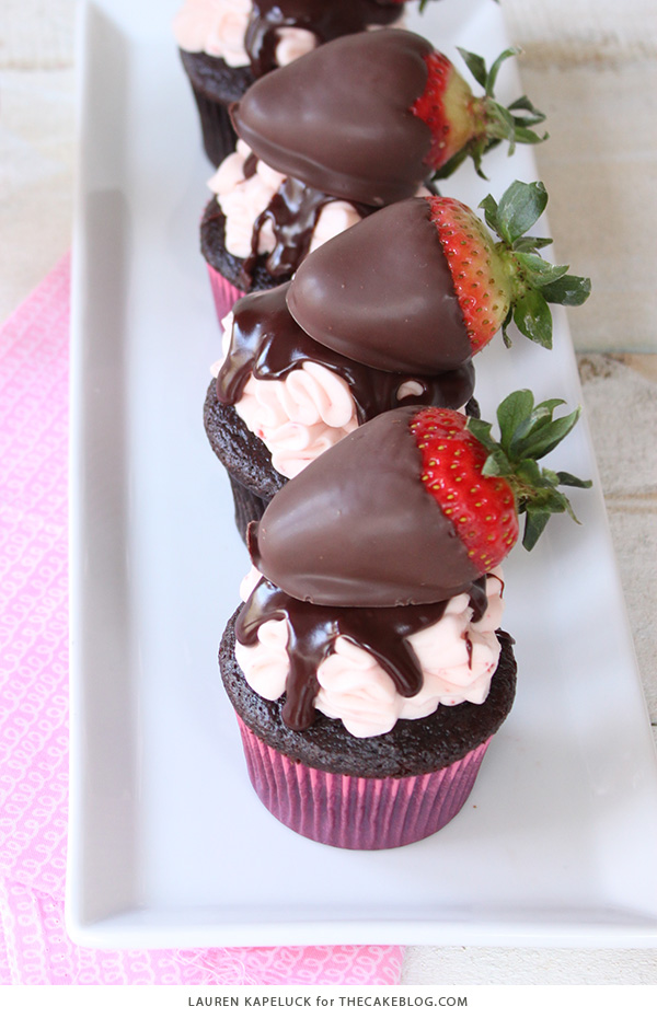 Chocolate Covered Strawberry Cupcakes | by Lauren Kapeluck for TheCakeBlog.com