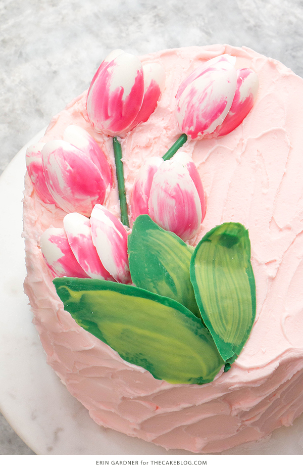 Chocolate Tulips - how to make gorgeous tulip cake decorations using melted chocolate and a plastic spoon | by Erin Gardner for TheCakeBlog.com