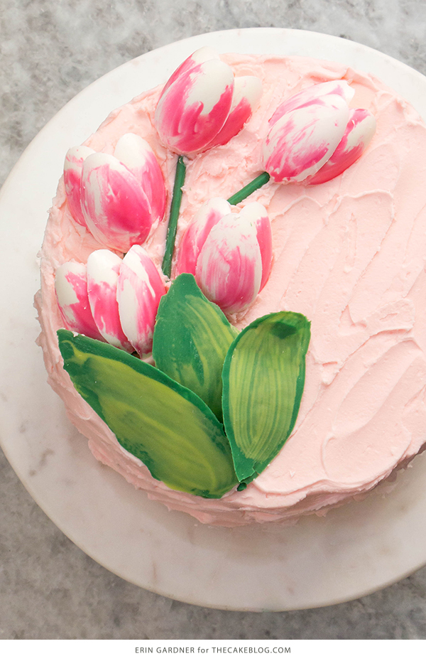 Chocolate Tulips - how to make gorgeous tulip cake decorations using melted chocolate and a plastic spoon | by Erin Gardner for TheCakeBlog.com