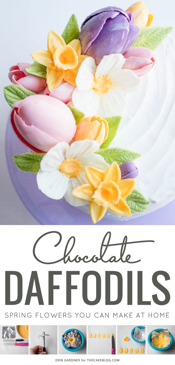 Chocolate Daffodils - how to make a chocolate flower cake, featuring chocolate daffodils | by Erin Gardner for TheCakeBlog.com