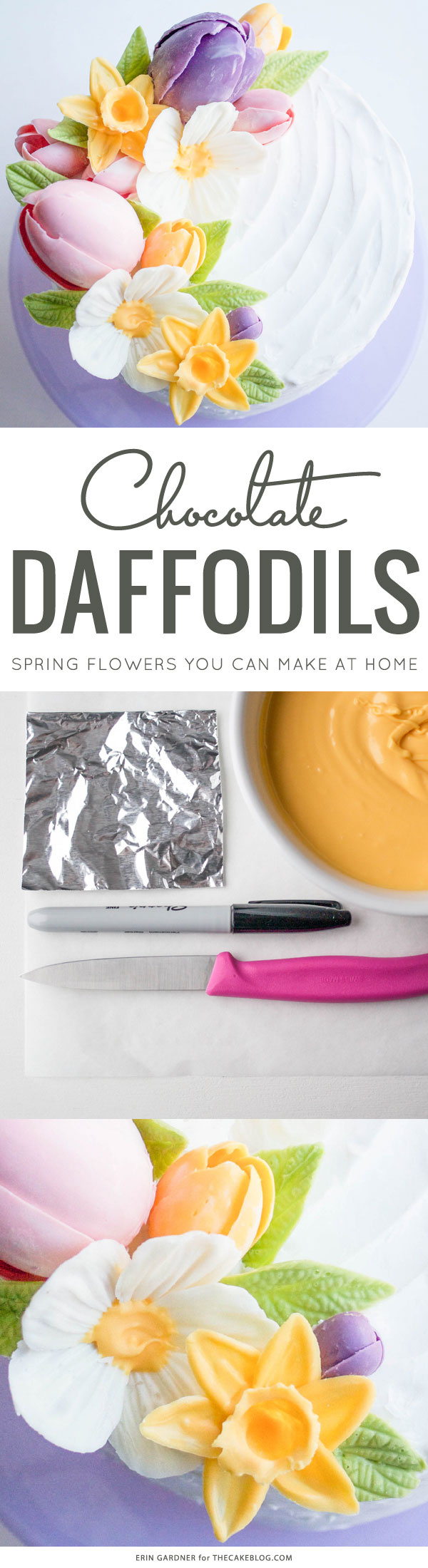 Chocolate Daffodils - how to make a chocolate flower cake, featuring chocolate daffodils | by Erin Gardner for TheCakeBlog.com