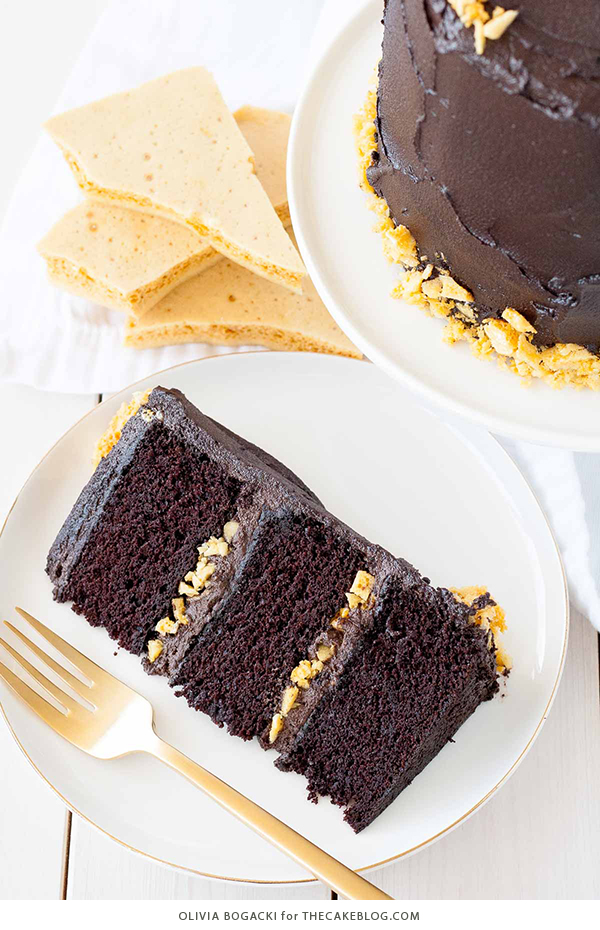 Dark Chocolate Honeycomb Cake - a rich chocolate layer cake recipe with ultra dark, fudgy frosting and homemade honeycomb | by Olivia Bogacki for TheCakeBlog.com