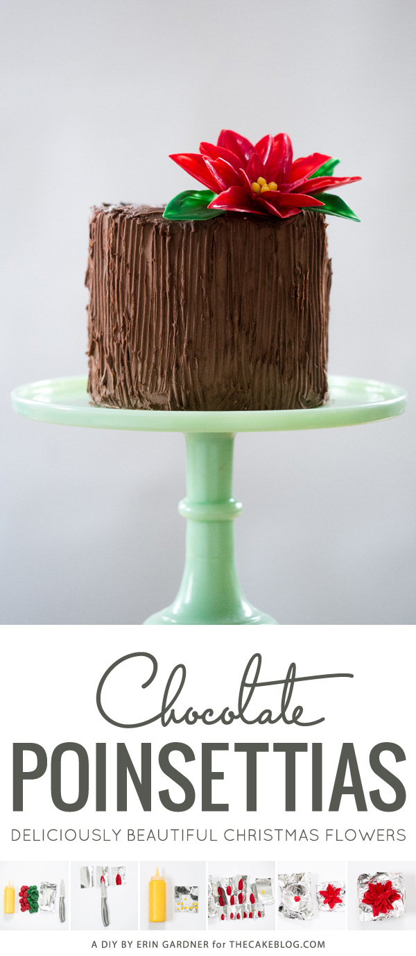 Chocolate Poinsettias - learn how to make these chocolate flowers with candy melts and a knife | Erin Gardner for TheCakeBlog.com