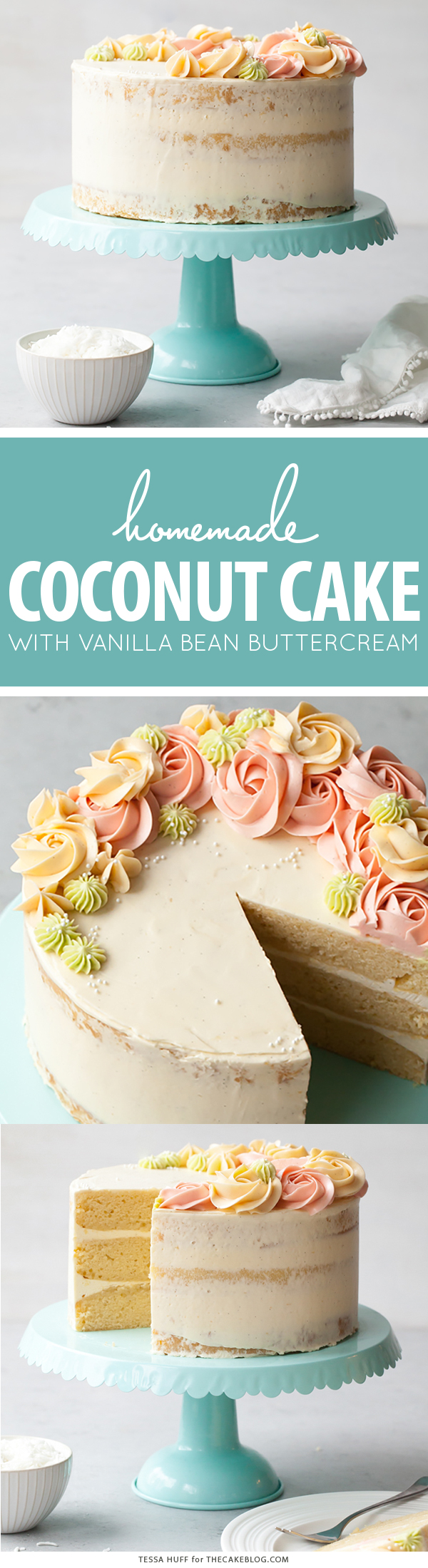 Coconut Cake - homemade coconut cake with creamy coconut milk, brushed with coconut syrup to keep it extra moist, and topped with vanilla bean buttercream frosting | by Tessa Huff for TheCakeBlog.com