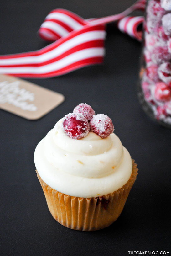 Cranberry Orange Cupcakes with sugared cranberries. Perfect for the holidays and Christmas dessert | Carrie Sellman for TheCakeBlog.com