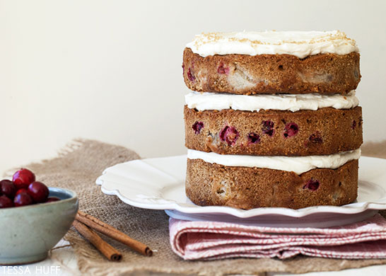 Pear & Cranberry Cake! Perfect for holiday parties and Christmas dessert. By Tessa Huff for TheCakeBlog.com
