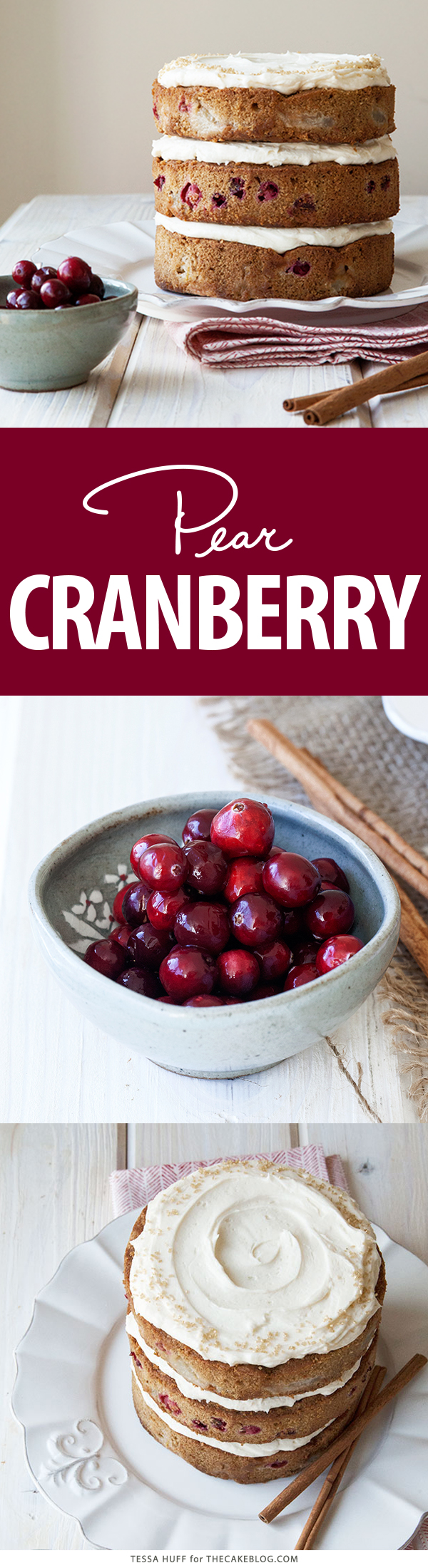 Pear and Cranberry Cake! Perfect for holiday parties and Christmas dessert. By Tessa Huff for TheCakeBlog.com