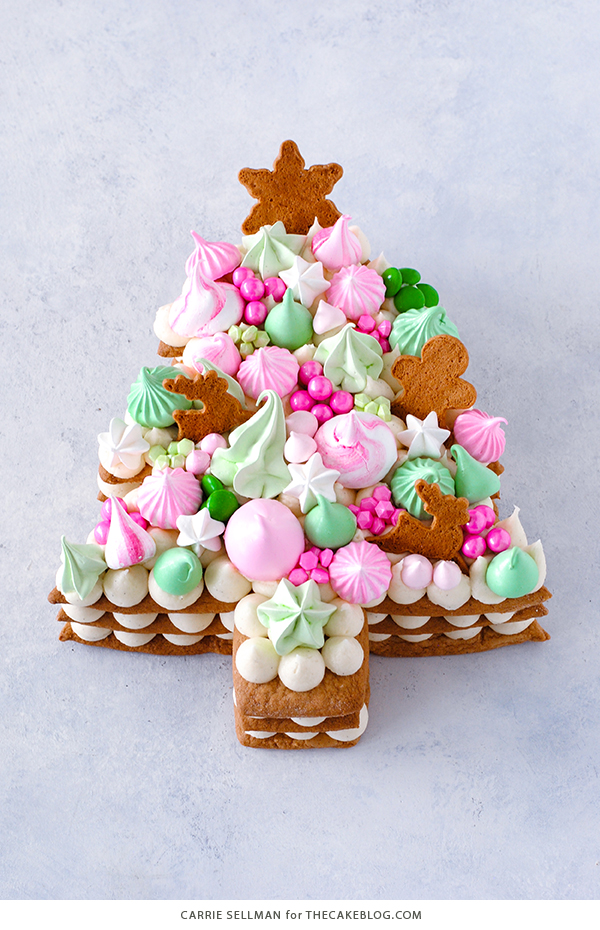 Cream Tart Tree Cake - gingerbread cookie with cream cheese frosting and festive holiday toppings | by Carrie Sellman for TheCakeBlog.com