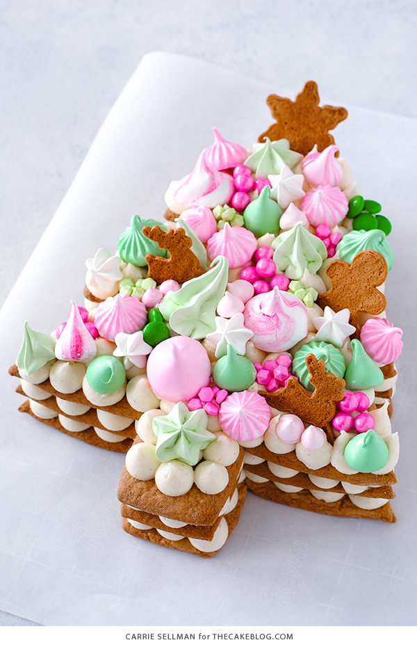 Cream Tart Tree Cake - gingerbread cookie with cream cheese frosting and festive holiday toppings | by Carrie Sellman for TheCakeBlog.com