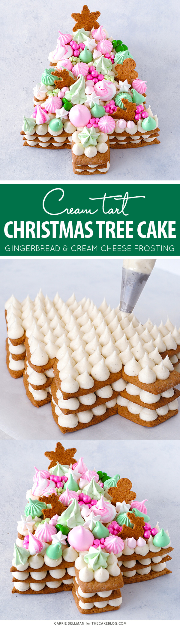 Cream Tart Tree Cake - gingerbread cookie with cream cheese frosting and festive holiday toppings | by Carrie Sellman for TheCakeBlog.com